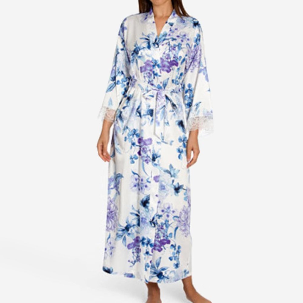 NEW LINEA DONATELLA Women Noralee Floral Blue Long Sleeve Lace Trim Robe